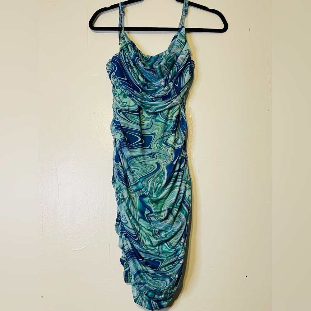 Fashion Nova One Shoulder Dress in Blue and Green